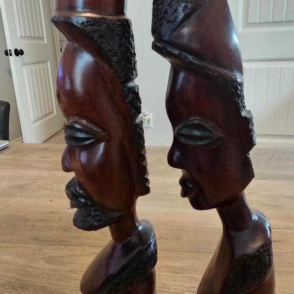 Vintage African Couple Carved Bust Wood Art Statues Handcrafted Tribal 10" - Picture 11 of 16